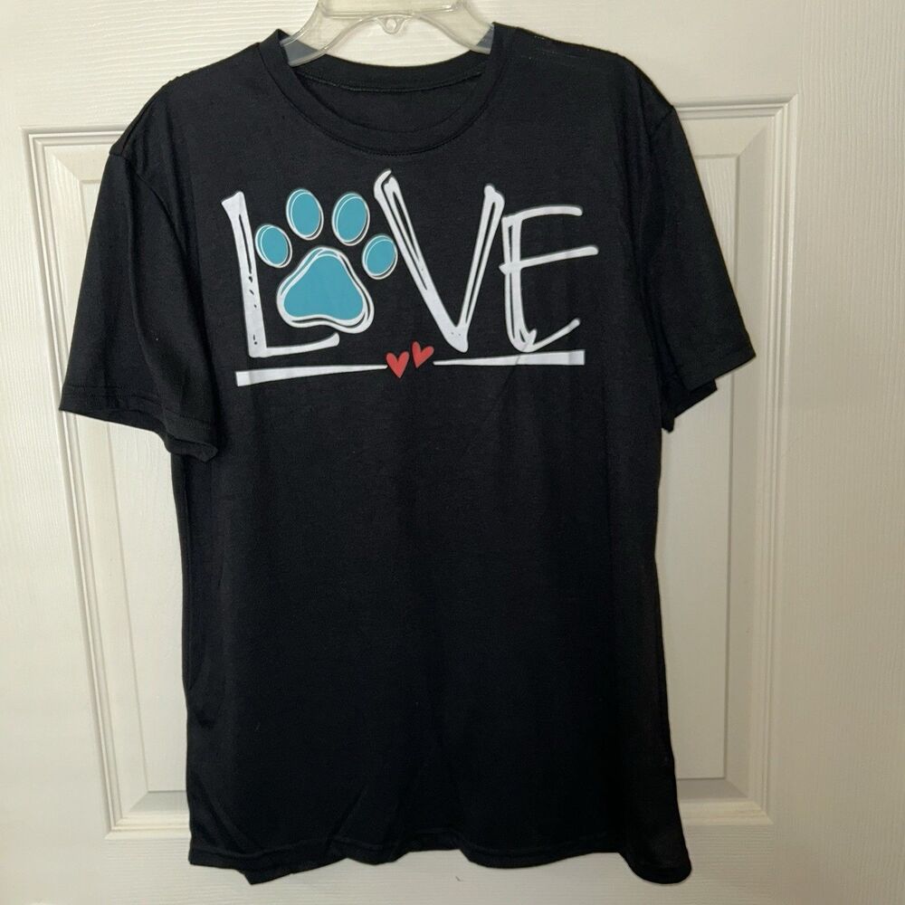 Dog Paw Love Graphic T-Shirt Black Cute Pet Lover Tee Casual Short Sleeve Size L